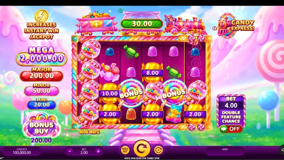 Candy Express Gold Blitz slot game interface featuring colourful candy train theme